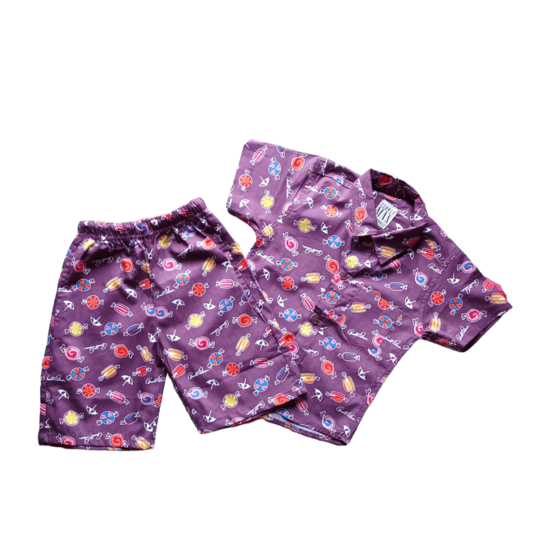 Half sleeve shirt with short for kids. Best gift for summer. Color purple and candy design